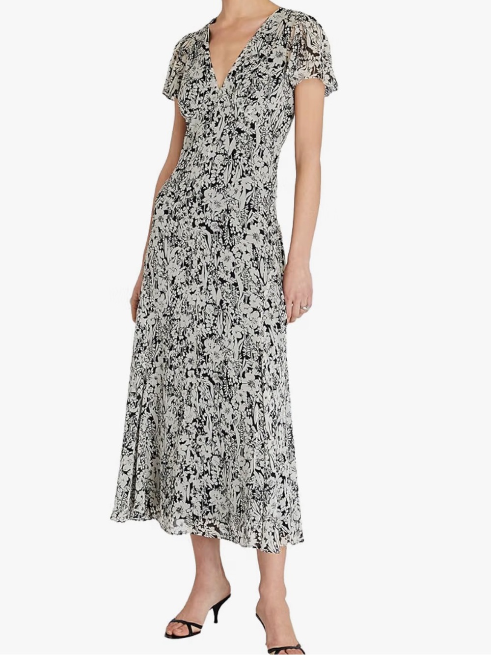 Club Monaco Black & Cream Floral V-Neck Maxi Dress with Flutter Sleeves